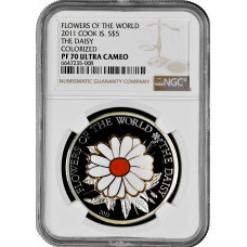 Cook Islands 5 dollars 2011, NGC PF70 UC, "World of Flowers - Daisy" Top Pop 1/0