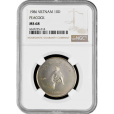 Vietnam 10 dong 1986, NGC MS68, "Natural Protection - Peacock" Cu-Ni coin