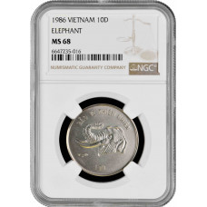 Vietnam 10 dong 1986, NGC MS68, "Natural Protection - Elephant" Cu-Ni coin