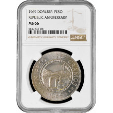 Dominican Republic 1 peso 1969, NGC MS66, "125th Anniversary of the Republic"