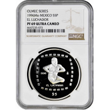 Mexico 5 pesos 1996, NGC PF69 UC, "Olmec - El Luchador" Top Pop silver coin