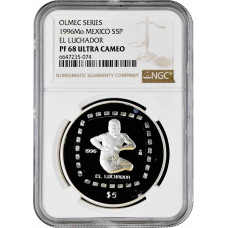 Mexico 5 pesos 1996, NGC PF68 UC, "Olmec - El Luchador" silver coin