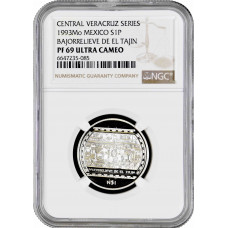 Mexico 1 peso 1993, NGC PF69 UC, "Veracruz - Bajorrelieve de el Tajin" silver