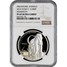 Ivory Coast 1000 francs 2010, NGC PF69 UC, "Prehistoric Animals - Mammoth"