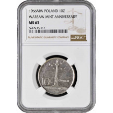 Poland 10 zlotych 1966, NGC MS63, "200th Anniversary - Warsaw Mint"