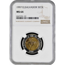 El Salvador 5 colones 1997, NGC MS64, "The Discovery of America" NOT RELEASED