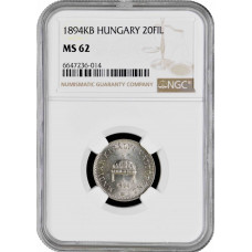 Венгрия 20 филлеров 1894 г. KB, NGC MS62, "Император Франц Иосиф I (1848 - 1916)"