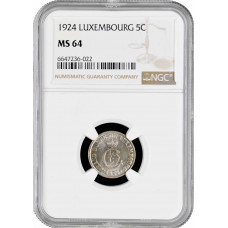 Luxembourg 5 centimes 1924, NGC MS64, "Grand Duchess Charlotte (1918 - 1964)"