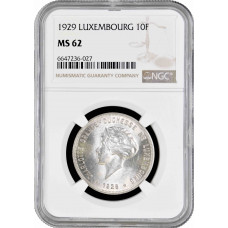 Luxembourg 10 francs 1929, NGC MS62, "Grand Duchess Charlotte (1918 - 1964)"