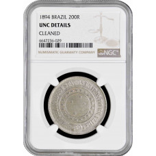 Brazil 200 reis 1894, NGC UNC Det., "First Republic (1889 - 1942)"