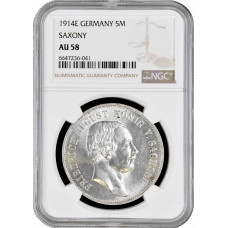 Saxony 5 mark 1914 E, NGC AU58, "King Friedrich August III (1904 - 1918)"