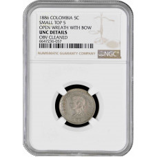 Colombia 5 centavos 1886, NGC UNC Det., "Republic of Colombia (1886 - 1914)"