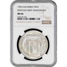 Colombia 1 peso 1956, NGC MS66, "200th Anniversary - Popayan Mint"