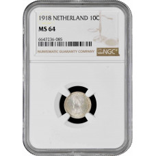 Netherlands 10 cents 1918, NGC MS64, "Queen Wilhelmina (1890 - 1948)"