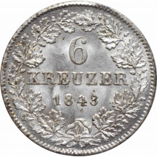 Baden 6 kreuzer 1843, UNC, "Gerand Duke Leopold (1830 - 1852)" silver coin