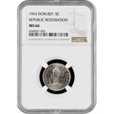 Dominican Republic 5 centavos 1963, NGC MS66, "Republic  Restoration"