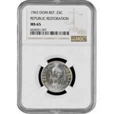 Dominican Republic 25 centavos 1963, NGC MS65, "Republic Restoration" silver