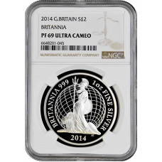 Great Britain 2 pounds 2014, NGC PF69 UC, "Standing Britannia with a lion"