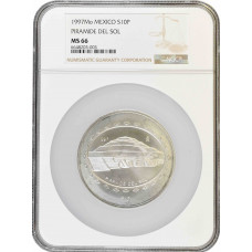 Mexico 10 pesos 1997 Mo, NGC MS66, "Pre-Columbian - Piramide Del Sol" silver