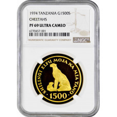 Tanzania 1500 shillings 1974, NGC PF69 UC, "Nature Reserve - Cheetahs" gold coin