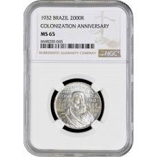 Brazil 2000 reis 1932, NGC MS65, "400th Anniversary - Colonization of Brazil"