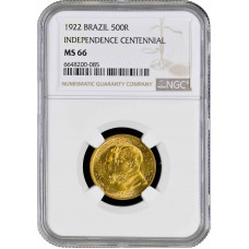 Brazil 500 reis 1922, NGC MS66, "100th Anniversary - Independence of Brazil"