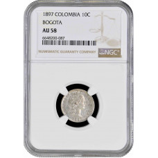 Colombia 10 centavos 1897, NGC AU58, "Republic (1886 - 1914)" silver coin