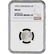 Southern Rhodesia 6 pence 1932, NGC MS62, "British colony (1932 - 1955)" Silver