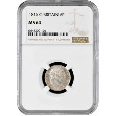 Great Britain 6 pence 1816, NGC MS64, "King George III (1760 - 1820)"