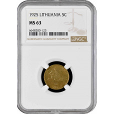 Lithuania 5 centai 1925, NGC MS63, "First Republic (1925 - 1938)"