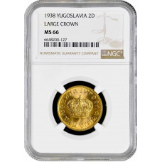 Yugoslavia 2 dinara 1938, NGC MS66 LARGE CROWN, "King Peter II (1934 - 1945)"