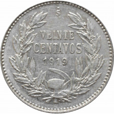 Chile 20 centavos 1919 So, AU, "Republic of Chile (1899 - 1959)" silver coin