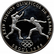 Panama 1 balboa 1988, PROOF, "XXIV summer Olympic Games - Fencing" silver