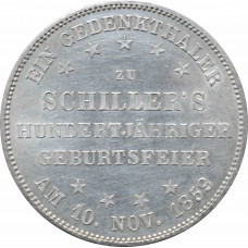 Frankfurt 1 thaler 1859, UNC, "100th Anniver. - Friedrich Schiller" silver coin