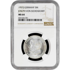 Germany - FRG 5 mark 1957 J, NGC MS64, "100th Anniver. - Joseph von Eichenhoff"