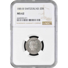 Switzerland 20 rappen 1881 B, NGC MS62, "Confoederatio Helvetica (1850 - 1916)"