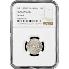 Travancore 1/4 rupee ME1112 (1936), NGC MS64, "Chithira Thirunal (1924 - 1949)"