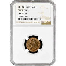 Thailand 1/2 att RS 124 (1905), NGC MS62 RB, "King Rama V (1868 - 1910)"