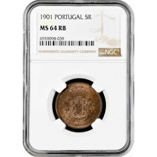 Azores 5 reis 1901, NGC MS64 RB, "Portuguese Administration (1848-1901)" Top Pop