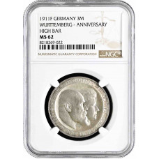 Wurttemberg 3 mark 1911 F, NGC MS62 HIGH BAR, "Silver Wedding Anniversary"