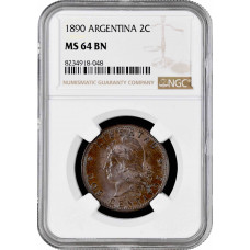 Argentina 2 centavos 1890, NGC MS64 BN, "Argentine Peso (1881 - 1969)" Top 4/0