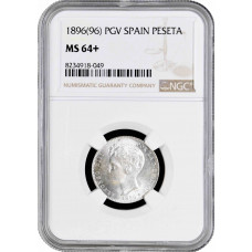 Spain 1 peseta 1896 PGV, NGC MS64+, "King Alfonso XIII (1886 - 1931)" Pop 1/3