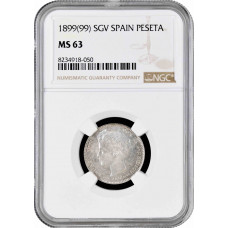 Spain 1 peseta 1899 SGV, NGC MS63, "King Alfonso XIII (1886 - 1931)" silver coin