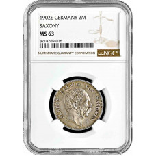 Saxony 2 mark 1902 E, NGC MS63, "King Albert (1873 - 1902)" silver coin