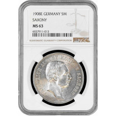 Saxony 5 mark 1908 E, NGC MS63, "King Friedrich August III (1904 - 1918)"