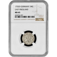 East Frisia 1 m. groschen 1752 D, NGC MS65, "Frederick II (1740 - 1786)" Top 1/0