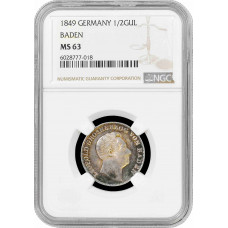 Baden 1/2 gulden 1849, NGC MS63, "Gerand Duke Leopold (1830 - 1852)" Top Pop 3/0