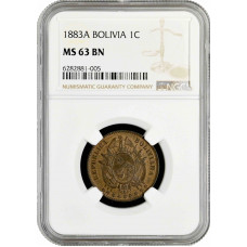 Bolivia 1 centavo 1883 A, NGC MS63 BN, "Republic of Bolivia (1870 - 1963)"