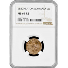 Romania 2 bani 1867 HEATON, NGC MS64 RB, "Domnitor Carol I (1866 - 1881)"