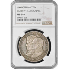 Saxony 5 mark 1909, NGC MS64+, "500th Anniversary - Leipzig University"